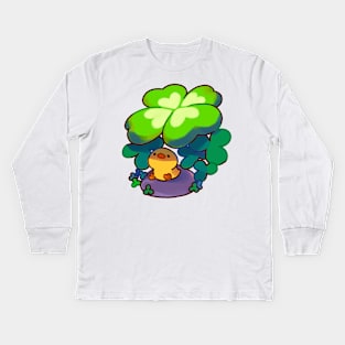 Ducky Hiding Under a Lucky Clover Kids Long Sleeve T-Shirt